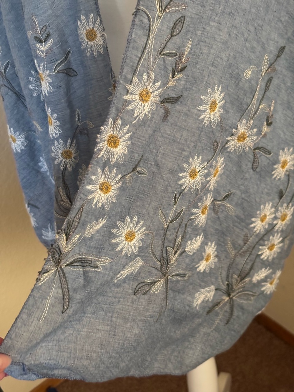 Light Blue Floral Embroidered Open Front Poncho - Picture 5 of 6